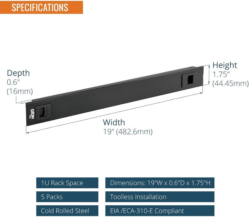 Tecmojo 5 Pack 1U Blank Panel, Cold Rolled Steel Rack Blank Panel, Rack Mount Plate for 19 in Server Rack Enclosure or Network Cabinet, Toolless Mounting, Black - Image 2